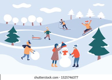 Child winter leisure in park. Winter landscape. Happy holidays and merry Christmas. Cute card. Kids make a snowman. Vector illustration in cartoon and flat style.