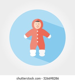 Child in winter overalls. Icon for web and mobile application. Vector illustration of a button with a long shadow. Flat design style.
