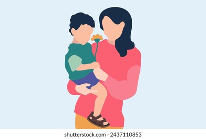 A child in a woman's arms. Family in flat style vector.