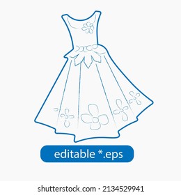 Child women dress in hand drawing style blue outline isolated, icon, vector