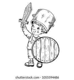 Child in wooden armor engraving vector illustration. Scratch board style imitation. Black and white hand drawn image.