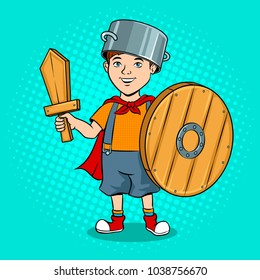 Niño en una armadura de madera de arte pop ilustración retro vectorial. Fondo de color. Imitación al estilo de un libro de historietas.