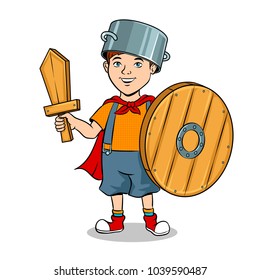 Child in wooden armor pop art retro vector illustration. Isolated image on white background. Comic book style imitation.