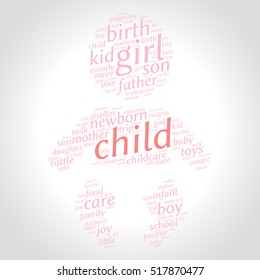 Child. Word cloud, baby silhouette, gradient grey background. Family concept.