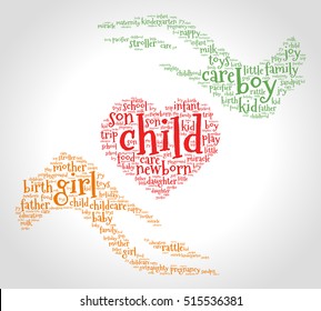 Child. Word cloud, heart between two hands, gradient grey background. Family concept.