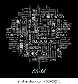 CHILD. Word collage on black background. Vector illustration.