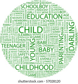 CHILD. Word collage on white background. Illustration with different association terms.