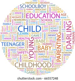 CHILD. Word collage on white background. Illustration with different association terms.