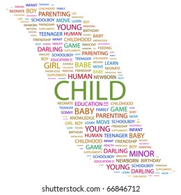 CHILD. Word collage on white background. Illustration with different association terms.