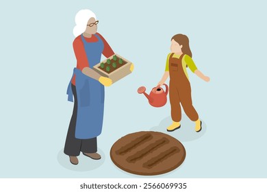 Child working with grandmother growing plants. Older woman farming on retirement. Retired lifestyle concept. Isometric flat vector illustration.