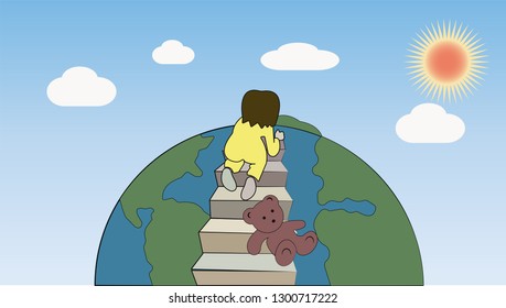 Child and world cartoon. Vector Illustartion.