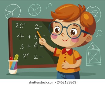 Un niño escribe una fórmula matemática en una Ilustración vectorial de pizarra 