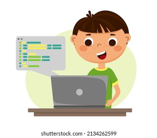 The child writes the program code. Children robotics programming. Vector illustration isolated on a white background