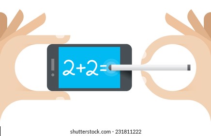 Child writing 2+2= on mobile phone with stylus.
Idea - New technologies for children education, future school.