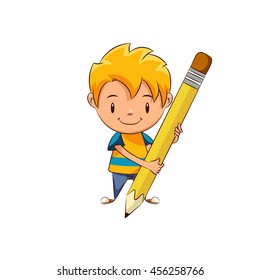 Child writing, big pencil, vector illustration