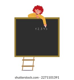 Child Writing On Blackboard Using Chalk Concept of Learning, Creativity, Education. Little Boy Create Chalky Display Of Numbers on Chalkboard Isolated on White Background. Cartoon Vector Illustration