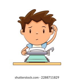 Child writing on typewriter, writer, thinking, scratching head