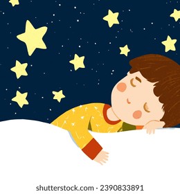 A child in yellow pajamas is sleeping on the bed. Dream under the dark blue starry sky with yellow stars