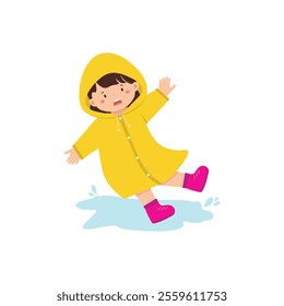 Child in Yellow Raincoat Slipping on Puddle