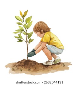A child in a yellow shirt, wearing gardening gloves, carefully plants a small tree in the earth. The image is rendered in a soft, watercolor style.