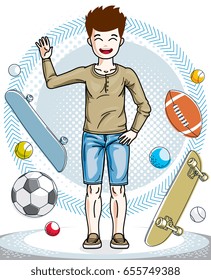 Child young teen boy cute standing in stylish casual clothes. Vector beautiful human illustration. Childhood lifestyle clip art.