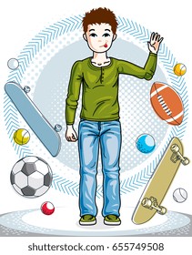 Child young teen boy cute standing in stylish casual clothes. Vector kid illustration. Fashion and lifestyle theme cartoon.