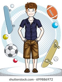 Child young teen boy cute standing in stylish casual clothes. Vector attractive kid illustration. Childhood lifestyle clip art.

