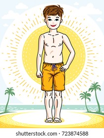 Child young teen boy cute standing wearing fashionable beach shorts. Vector beautiful human illustration. Fashion and lifestyle theme cartoon.