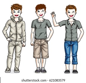 Child young teen boys group standing wearing different casual clothes. Vector diversity kids illustrations set.