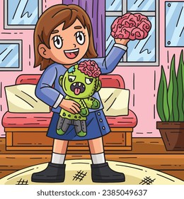Child with a Zombie Stuffed Toy Colored Cartoon 