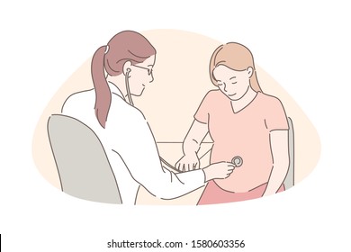 Childbearing, gestation, pregnancy concept. Happy expectant woman visiting doctor, friendly physician listening unborn child heartbeat with stethoscope, future mom health checkup. Simple flat vector