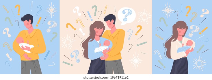 Childbearing, upbringing and caring for a newborn, depression concepts. Male and female characters hugging babies and thinking. Set of flat cartoon vector illustrations