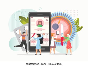 Childbearing woman using mobile app for pregnancy and childbirth, flat vector illustration. Happy couple looking at calendar on smartphone screen, girl taking pregnancy test. Maternity, childbearing.