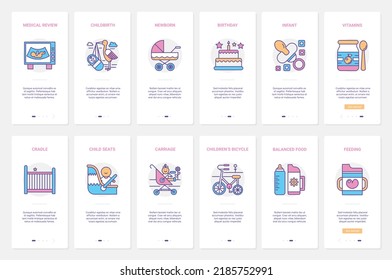Childbirth baby accessory vector illustration. UX, UI onboarding mobile app page screen set with line feeding, baby child medical care, nursery newborn items, infant children nursing outline symbols