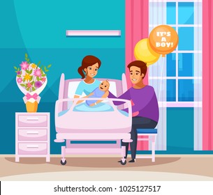 Composición de dibujos animados sobre el parto con familia feliz con el recién nacido en la cámara de maternidad, ilustración vectorial del hospital