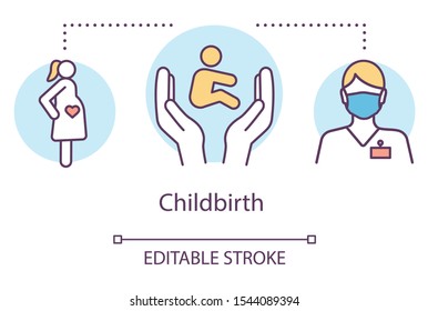 Childbirth concept icon. Pregnancy planning idea thin line illustration. Motherhood, birthing care, healthcare. Obstetrician, maternity hospital. Vector isolated outline drawing. Editable stroke
