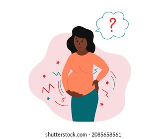 Childbirth contractions. Pregnant frightened african american woman suffering from labor pains. Real or false contractions? Travail pangs. Vector illustration.