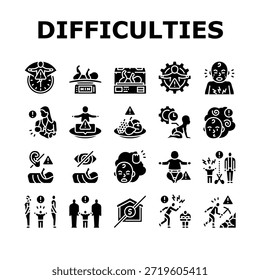 Geburtsschwierigkeiten Icons setzen Vektor. Komplikationen Verschluss, vorzeitig, Induktion epidural, Präeklampsie Eklampsie Hämorrhagie Geburtsschwierigkeiten Glyphe Piktogramm Illustrationen