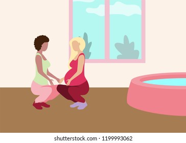 Childbirth with doula banner in a modern cartoon style. Pregnant woman with assistant in light room with bath. Vector illustration