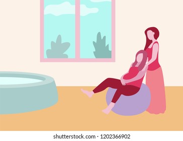 Childbirth with doula banner in a modern cartoon style. Pregnant woman with assistant in light room with bath. Vector illustration