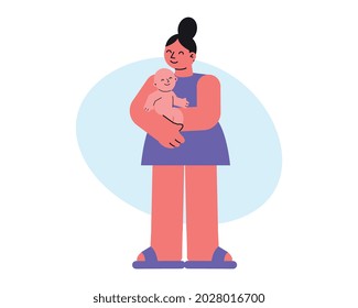 Childbirth flat composition with female character of happy mother holding baby child in her arms vector illustration