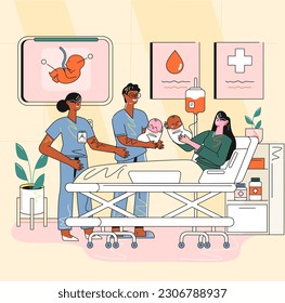 Childbirth in hospital character ilustration