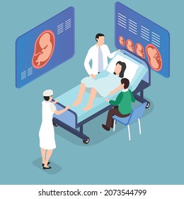 Childbirth In Hospital. Doctor, Nurse, Mother To Be And Husband 3d Isometric Vector Illustration Concept For Banner, Website, Landing Page, Ads, Flyer Template