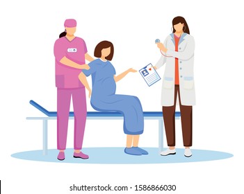 Childbirth At Hospital Flat Vector Illustration. Reproductive Medicine. Pregnant Woman With Contractions And Labor. Obstetrics And Gynecology. Obstetrician, Nurse With Patient Cartoon Characters