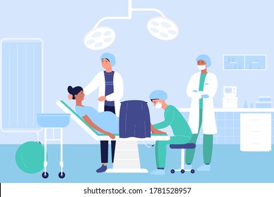 Childbirth in hospital flat vector illustration. Cartoon doctor characters examining pregnant woman patient in medical clinic perinatal centre before baby birth. Maternity hospital ward background