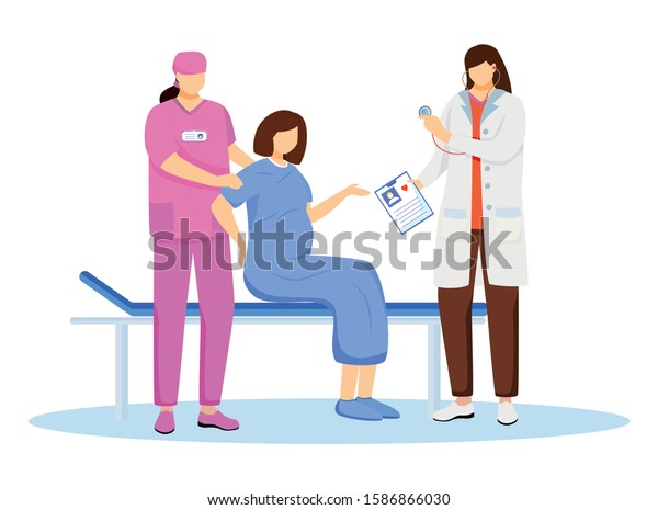 病院での出産のフラットベクターイラスト 生殖医学 陣痛と陣痛を持つ妊婦 産婦人科 患者の漫画のキャラクターを持つ看護師 産科医 のベクター画像素材 ロイヤリティフリー