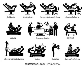 Childbirth at hospital. Ways to deliver baby at hospital by doctor or obstetrician. Methods are vaginal delivery, vacuum assisted, forceps, and Cesarean. Illustration in stick figures pictogram. 