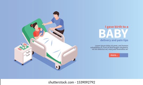 Childbirth isometric horizontal banner with young father near his woman who gave birth to their baby vector illustration