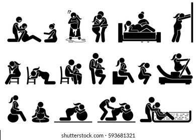 Childbirth Labor Positions And Postures At Home. Natural Birthing Class That Include Yoga, Exercise, Meditation, And Water Birth Technique. Illustrations In Stick Figures Pictogram.