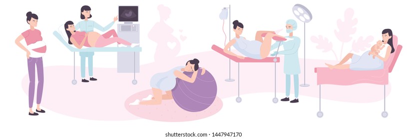 Childbirth and maternity design concept with medical staff examining pregnant women and delivering babies in hospital flat vector illustration